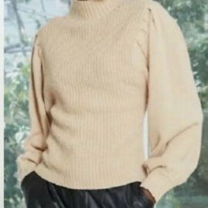 Women's Puff Sleeves Mock Turtleneck Pullover Beige Sweater